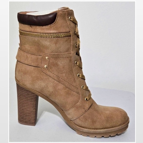 New G Guess Boots Womens Size 10 Heels Lace Up Combat Tan Gold Zipper Accent NWT - Picture 6 of 15